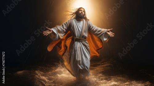 Jesus walks towards the light on the water during a violent storm. See a miracle. The concept of divine power and faith. Illustration for cover, card, postcard, interior design, decor or print.