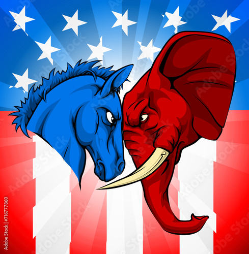 American politics or election debates concept with animal mascots of the democrat and republican political parties. Donkey and elephant facing off.