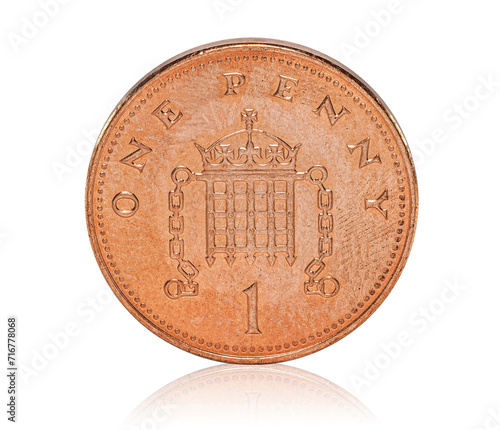 British one pence coin on a white background