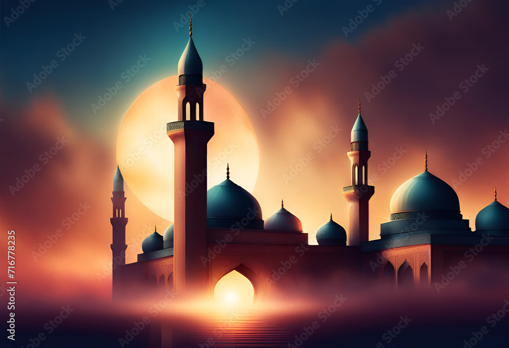Mosque minaret against a sunset sky 