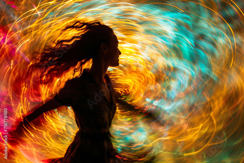 Whirlwind of Colors Around Silhouetted Dancer. Silhouette of a dancer amidst a colourful abstract vortex.