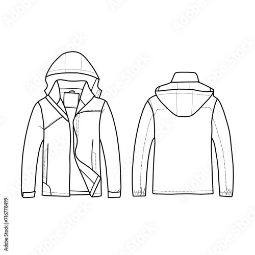Vector Illustration of Mens Jacket Waterproof Lightweight Mountain Sport Jacket design Line art. Hand drawn front and rear view. Men Hooded Windbreaker Raincoat, Isolated on white background