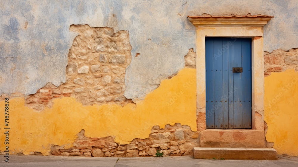 Fototapeta premium The dilapidated wall of the building and the wooden door require major repairs. Facade of a house with damaged plaster. Photophone for retro shooting. Illustration for cover, card, interior design.