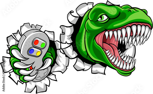 A dinosaur T Rex or raptor gamer player cartoon animal sports mascot holding a video game controller in its claw