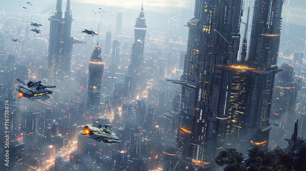  a futuristic cityscape with towering skyscrapers and flying vehicles. 