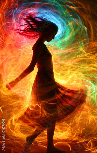 Fiery Dance - Woman with Swirling Flames. A woman's silhouette dancing amidst swirling patterns of fiery colors.