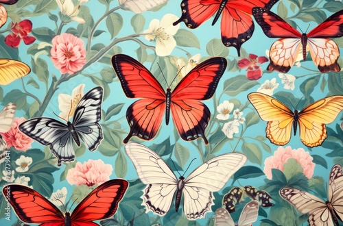 Butterflies and flowers on light blue background colourful setting.  © ART IMAGE DOWNLOADS