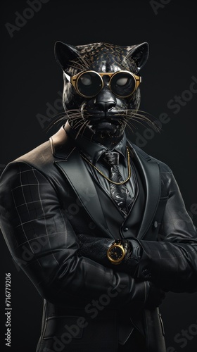 Black Panther Mask and Elegant Suit Posing in Dark Studio