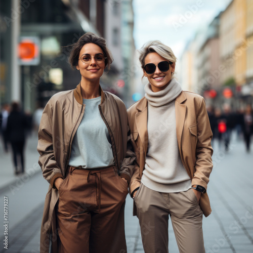 Stylish women, city street, wearing casual clothes, smiling adult sisters, streetstyle photography