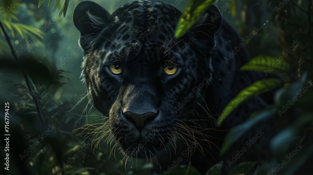 Close Up of Black Leopard in Jungle, Majestic Beauty in Its Natural Habitat
