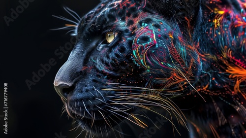 Majestic Black Panther With Vibrant Neon Paint Splatters Against A Dark Background © Denys