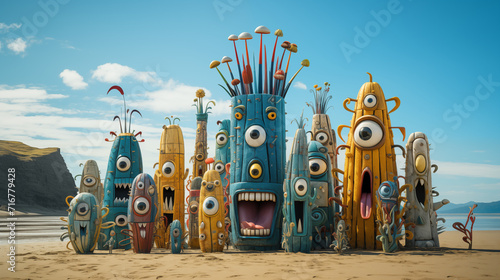 cartoon beach wood sticks with face eyes in the sand