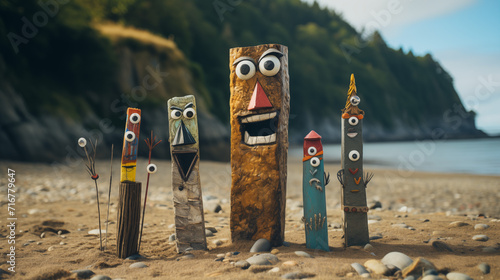 cartoon beach wood sticks with face eyes in the sand