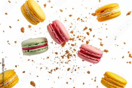 Colorful macarons flying on the air with among the crumbs isolated on white background