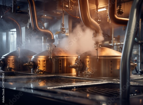 Brewery interior with stainless steel tanks and barrels