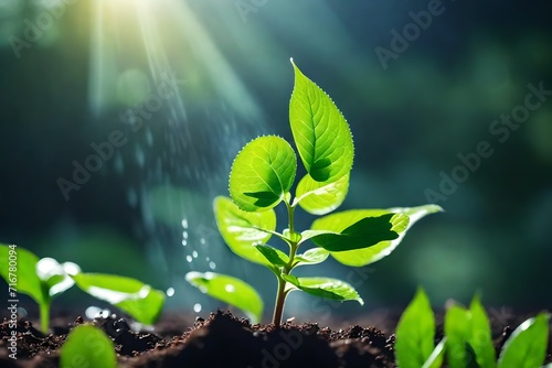 Green Young Plant growing in the ground and Rain Drops  Care Of New Life  Watering Young Plant  Symbol Of Hope 