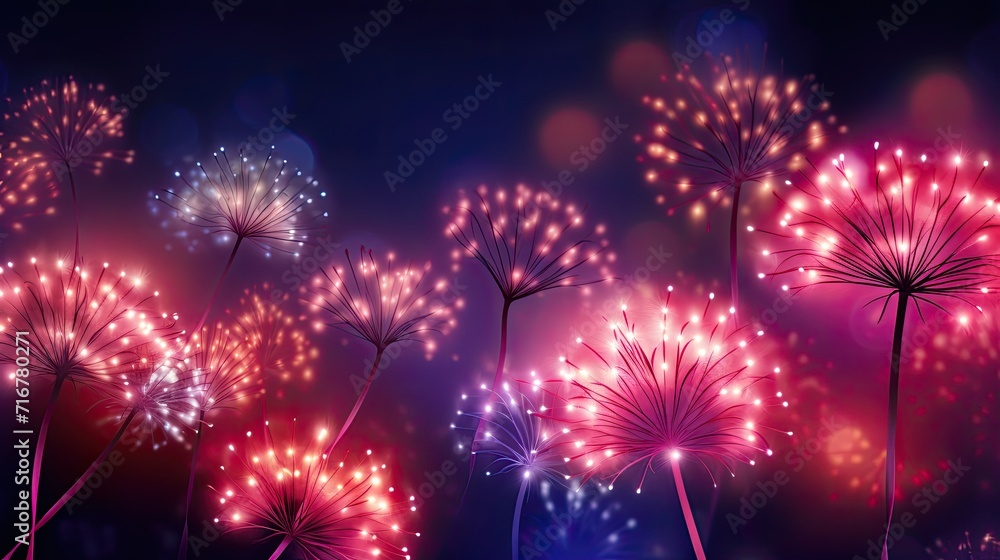 A fantastic field of glowing colors in the night. Futuristic glow of dandelions. Illustration for cover, card, postcard, interior design, banner, poster, brochure or presentation. A fantastic field of glowing colors in the night. Futuristic glow of dandelions. Illustration for cover, card, postcard, interior design, banner, poster, brochure or presentation.