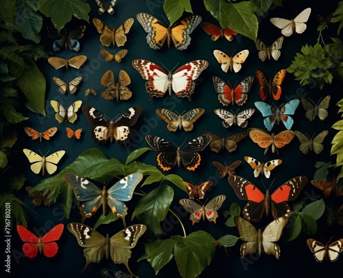Colorful photorealistic butterflies and green leaves on dark blue backround  playful yet sophisticated 
