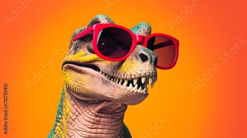 Old school cool with dinosaur wearing sunglasses in studio on vibrant background