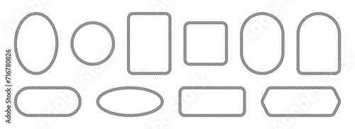 Frames woven from chain or rope. Ornament border of different geometric shapes. Pack of isolated vector elements on a white background.