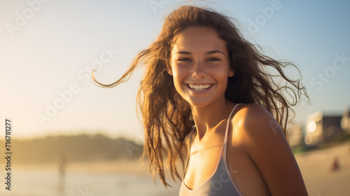 Smiling brunette woman in a bikini enjoys the beauty of the sunset on a summer beach, showcasing happiness and outdoor vacation vibes by the ocean photo