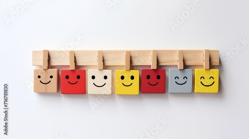 Wooden label with happy normal and sad face icons for experience survey services and products review concept