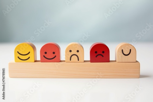Wooden label with happy normal and sad face icons for experience survey services and products review concept
