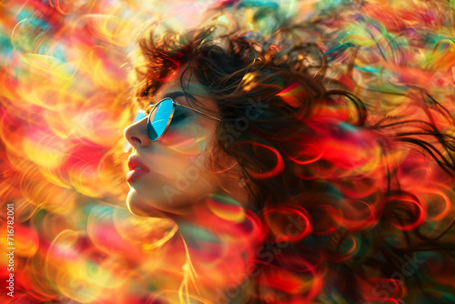 Woman Amidst Vivid Abstract Colors. A woman with sunglasses surrounded by a swirl of abstract colors.