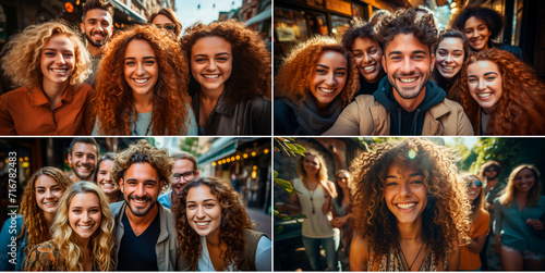 A diverse group of friends capturing a joyful moment together. Capture the beauty and happiness of friendship through photography. Emphasize the joy of spending time together outdoors