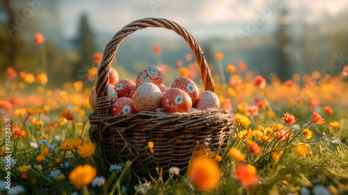 Beautifully patterned eggs in a basket for Easter