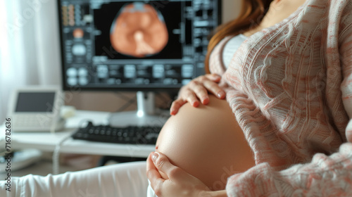 Happy smiling pregnant woman in ultrasound examination room Show baby in front of computer screen photo