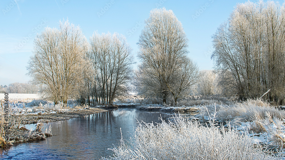 Winterland with blue river Winterland with blue river