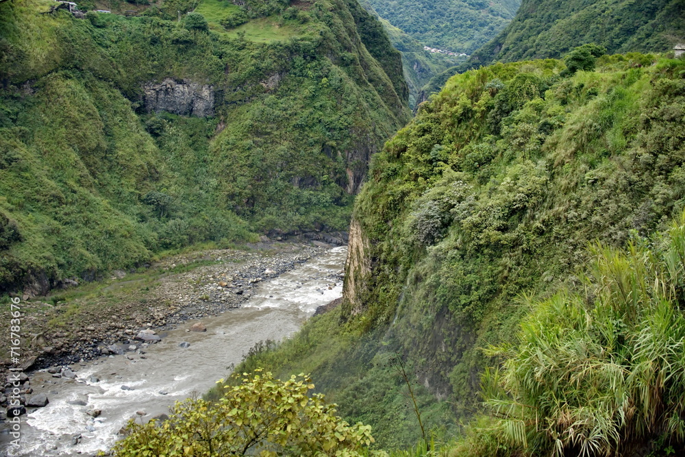 River flowing at the bottom of a gorge in Banos, Ecuador