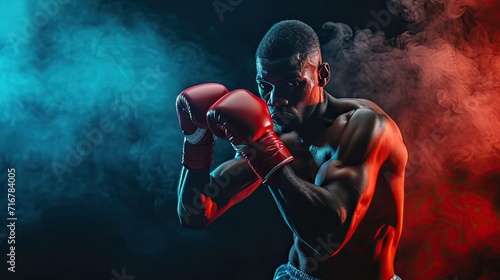 African boxing player in action and motion on dark background.Generative AI © ZzGooggiigz