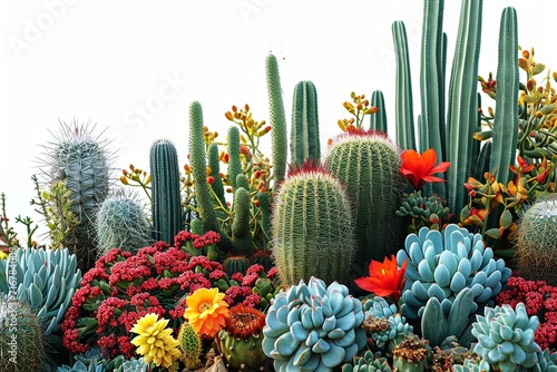 Colorful Flower cactus plants and cactus pots set on white background