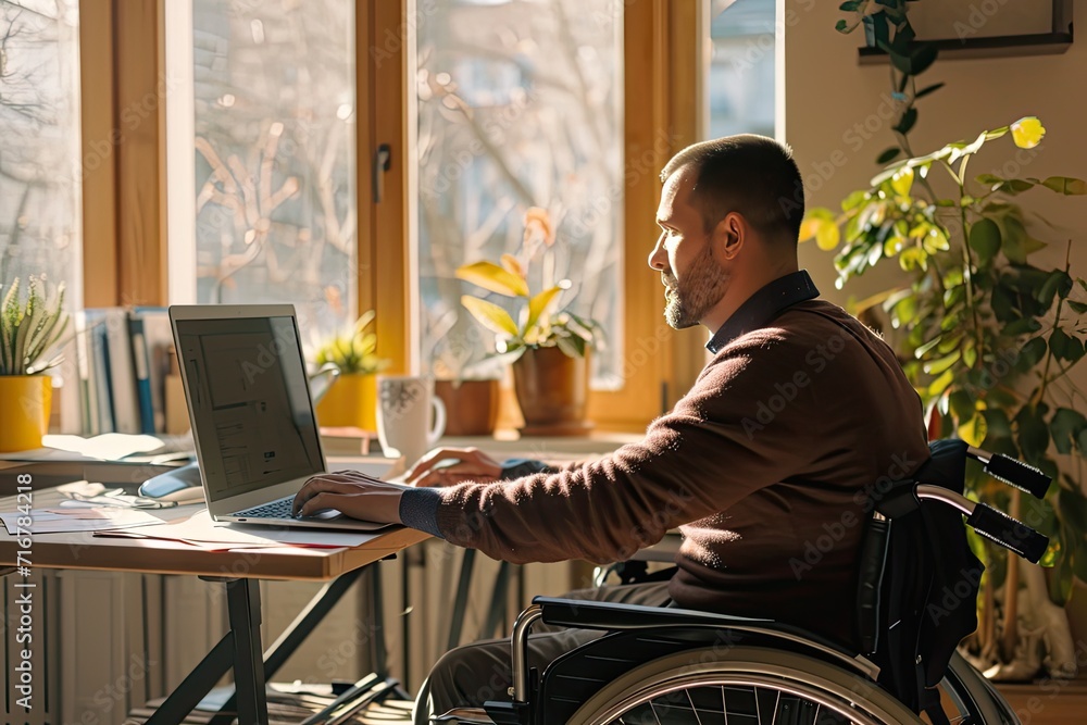 Middle-aged man in a wheelchair works from his home office.Generative AI Middle-aged man in a wheelchair works from his home office.Generative AI