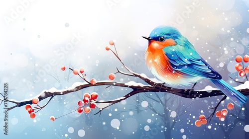Colorful Bird Adorned with Snowflakes in Winter