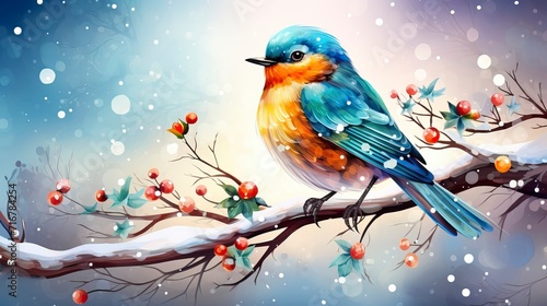Colorful Bird Adorned with Snowflakes in Winter © CREATIVE STOCK