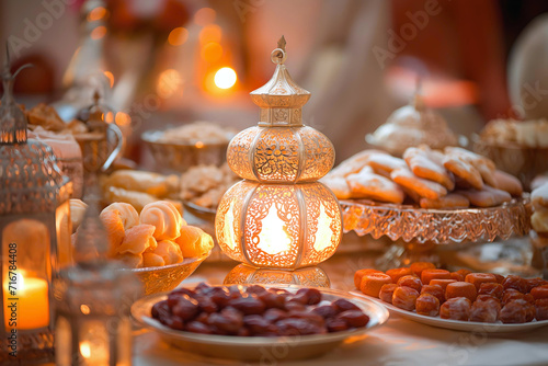 Adorned table for Iftar, A beautifully adorned table for Iftar, featuring dates, traditional sweets, and a glowing lantern centerpiece