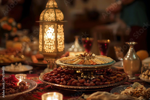 Adorned table for Iftar, A beautifully adorned table for Iftar, featuring dates, traditional sweets, and a glowing lantern centerpiece