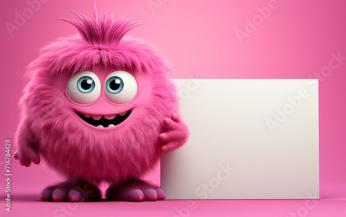 A cute little creature with a blank note for a message on a vibrant pink background. Copy space.
