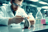 Analisi Cosmetica- Scienziato, Topo e Prodotto in Laboratorio, Dettaglio della Sperimentazione Animale