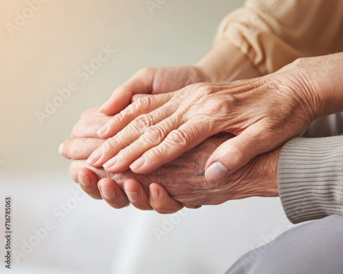 Mature wife or carer holds aged husband or patient hands expressing deep care and support, age acceptance image