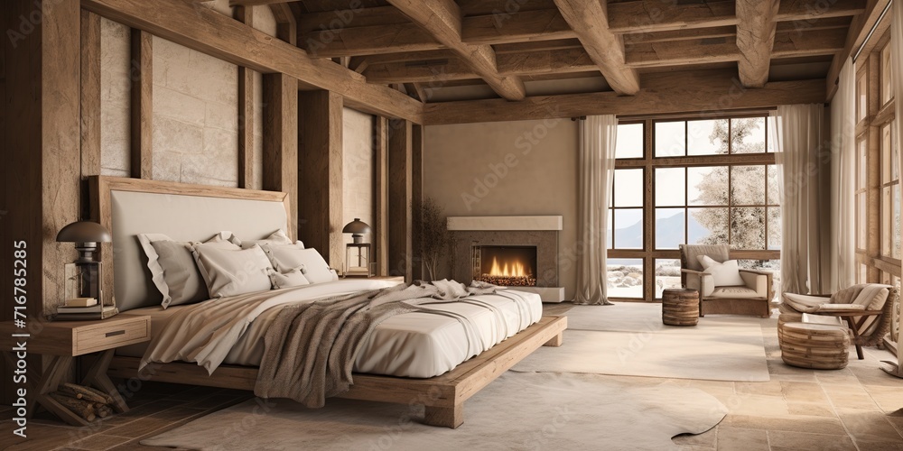 Ceiling with wooden beams and lining. Rustic interior design of modern bedroom with log columns in farmhouse. Ceiling with wooden beams and lining. Rustic interior design of modern bedroom with log columns in farmhouse.