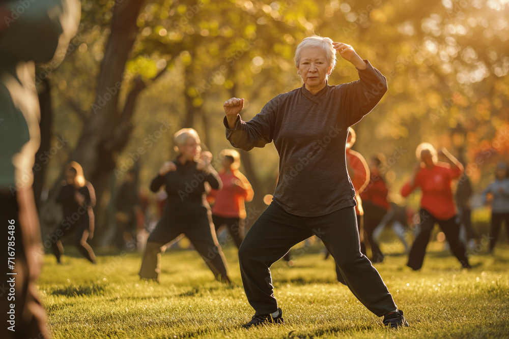 Fototapeta premium Tai Chi Group Practice at Sunrise in Park