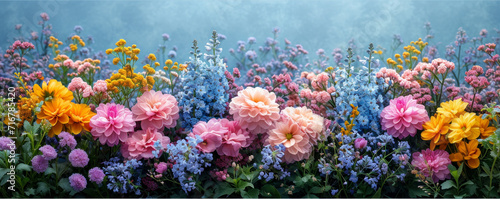 Spring floral background with colorful flowers in bright pastel colors. Aesthetic composition for springtime. © lagano