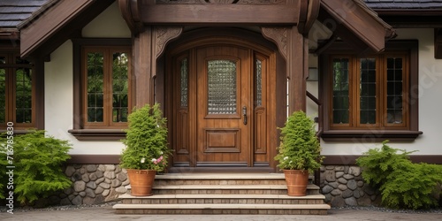 Main entrance door in house. Wooden front door with gabled porch and landing. Exterior of georgian style home cottage with columns and stone cladding.