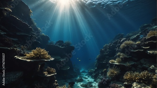 Underwater ocean blue deep abyss with sunlight - ad concept for diving and scuba background from Generative AI