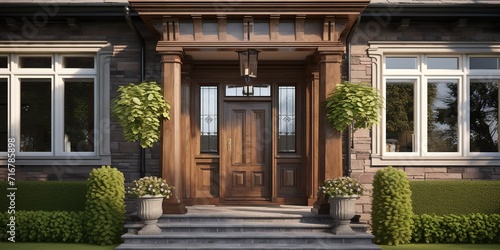 Main entrance door in house. Wooden front door with gabled porch and landing. Exterior of georgian style home cottage with columns and stone cladding.