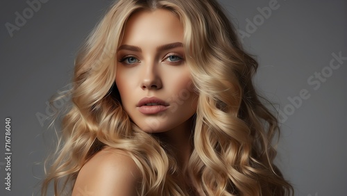 Beautiful portrait of sensual blonde woman with long wavy hair for make up cosmetics ad concept, plain background from Generative AI
